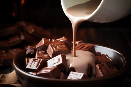 close-up of chocolate melting into warm milk, created with generative aiの素材