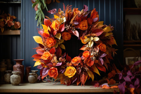 homemade wreath with autumn foliage for thanksgiving, created with generative aiの素材