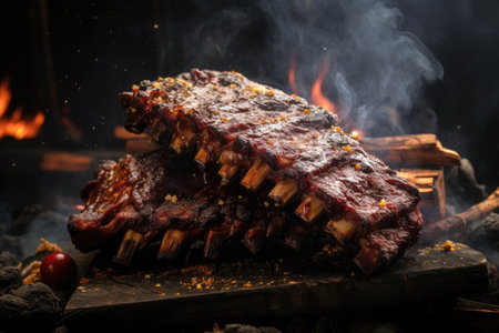 grilled bbq ribs with smoke in the air, created with generative aiの素材