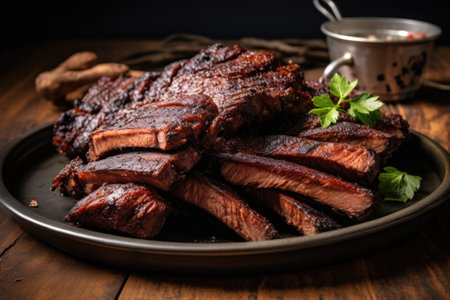 charred bbq ribs with grill marks on plate, created with generative aiの素材