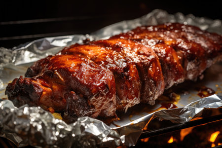 bbq ribs wrapped in foil for slow cooking, created with generative aiの素材