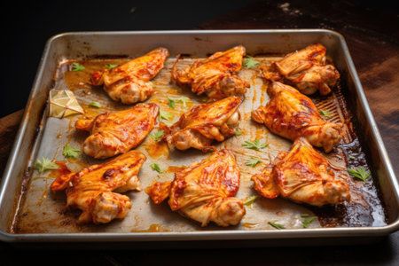 baking sheet with wings ready for oven, created with generative aiの素材