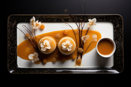 overhead view of caramel-filled dessert on a tray, created with generative aiの素材