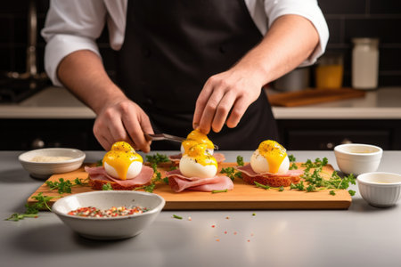 assembling eggs benedict step by step on counter, created with generative aiの素材