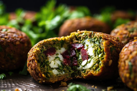 close-up of a falafel ball cut in half, revealing inside texture, created with generative aiの素材