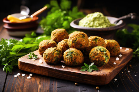 raw falafel patties on a plate, ready for frying, created with generative aiの素材