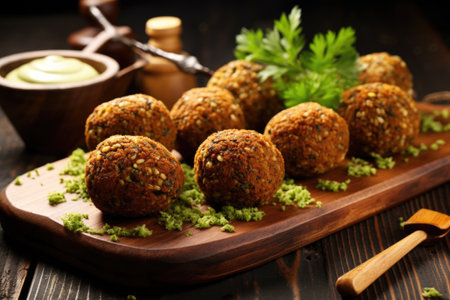 freshly made falafel balls on a wooden board, created with generative aiの素材