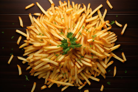top view of french fries arranged in a creative pattern, created with generative aiの素材