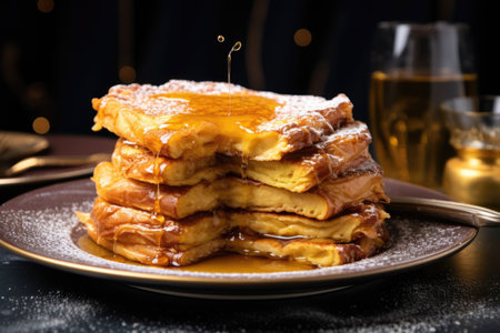 stack of golden french toast on plate, created with generative aiの素材