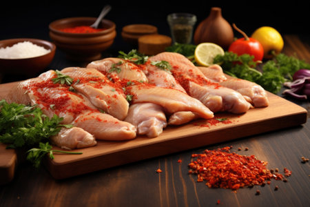 fresh raw chicken pieces marinated in spices on a board, created with generative aiの素材