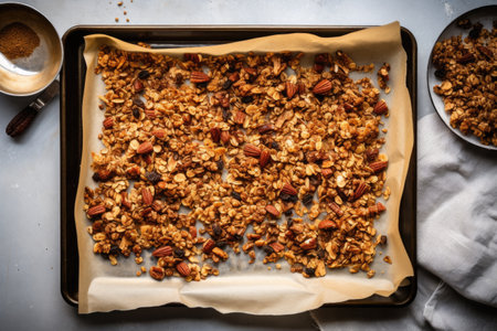 baking sheet with granola mix spread evenly, created with generative aiの素材