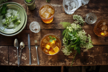 overhead view of ice tea setup on a rustic table setting, created with generative aiの素材