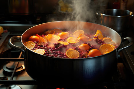boiling fruit mixture in a large pot on stove, created with generative aiの素材