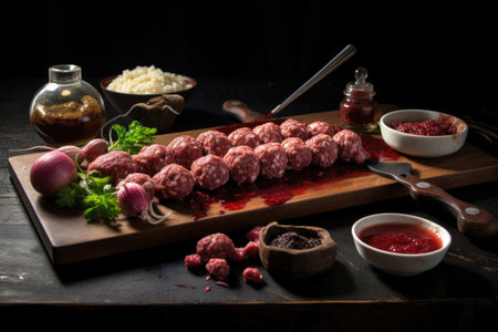 rolled raw meatballs on board, created with generative aiの素材