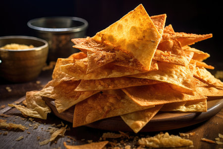 stack of tortilla chips ready for nacho toppings, created with generative aiの素材
