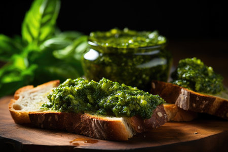freshly made pesto spooned onto a slice of crusty bread, created with generative aiの素材