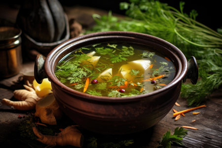 soup garnished with fresh herbs and spices, created with generative aiの素材