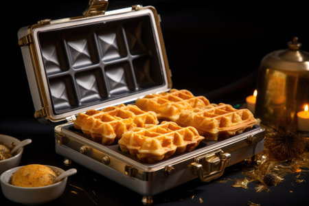 waffle iron open, showing golden waffles inside, created with generative aiの素材