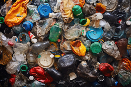 close-up of sorted recyclables: cans, bottles, paper, created with generative aiの素材