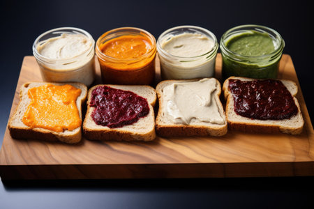 gluten-free bread slices with a variety of spreads, created with generative aiの素材
