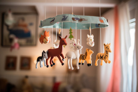 close-up of mobile hanging over crib with cute animals, created with generative aiの素材