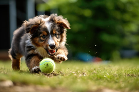 puppy learning to fetch small soft ball, created with generative aiの素材