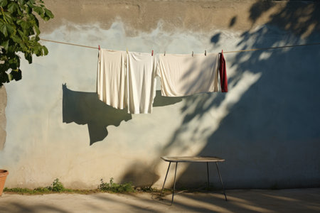 shadow of laundry on clothesline against wall, created with generative aiの素材