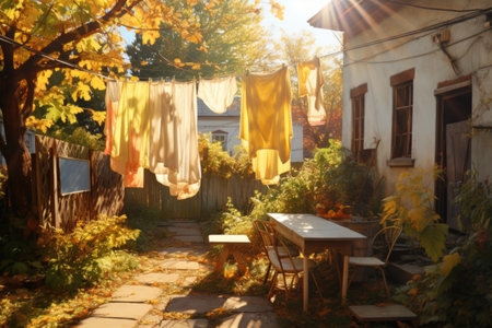 sunlit backyard with clothesline full of drying clothing, created with generative aiの素材