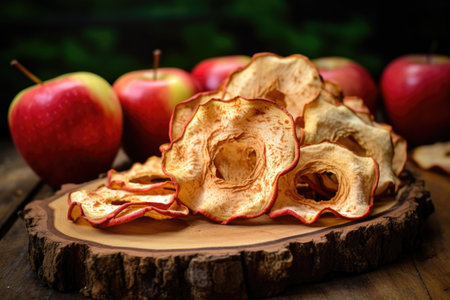 dehydrated apple rings ready for snacking, created with generative aiの素材