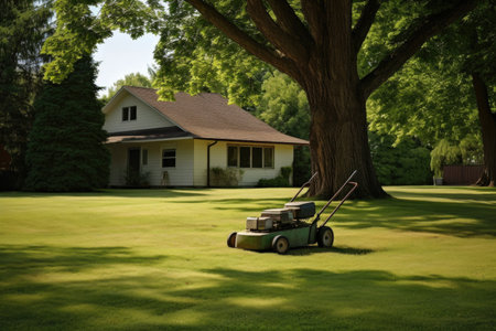 lawn mower parked on a freshly mowed lawn, created with generative aiの素材
