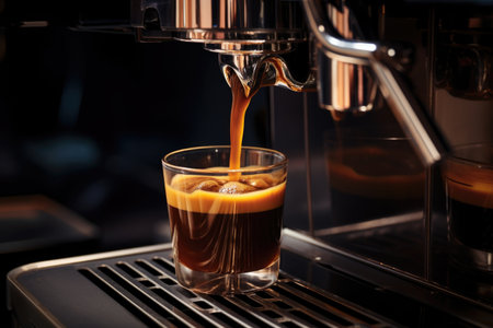 close-up of coffee pouring into cup from smart machine, created with generative aiの素材