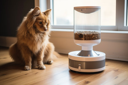 smart pet feeder next to an empty pet bowl, showing comparison, created with generative aiの素材