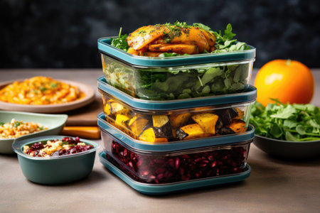 stack of reusable meal prep containers with vegan dishes, created with generative aiの素材