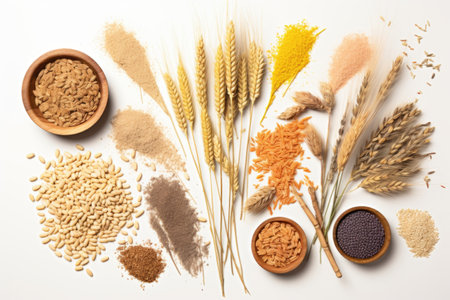 flat lay of ancient grains with labels on white background, created with generative aiの素材