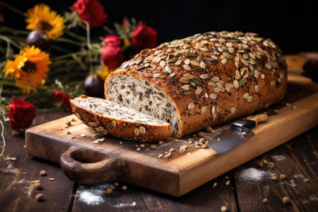 a rustic loaf of multigrain bread with seeds on a board, created with generative aiの素材
