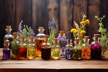 collection of essential oil bottles on wooden table, created with generative aiの素材
