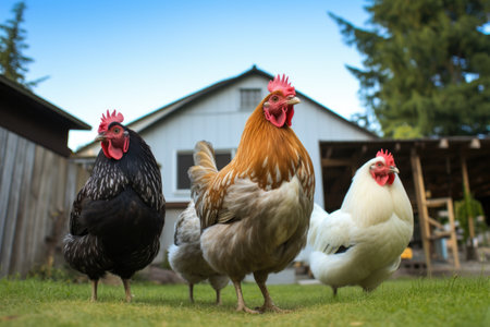 various breeds of chickens roaming in backyard, created with generative aiの素材