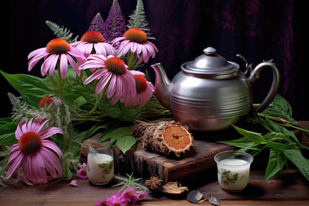 echinacea flowers and teapot on a log by a campfire, created with generative aiの素材