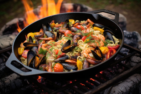 close-up of seafood pasta in a cast iron skillet over campfire, created with generative aiの素材