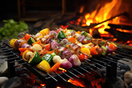 shashlik skewers with colorful vegetables over open fire, created with generative aiの素材