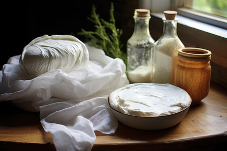 homemade soft cheese being wrapped in cheesecloth, created with generative aiの素材