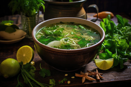 vietnamese pho soup with fresh herbs and lime, created with generative aiの素材