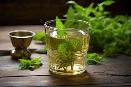 herbal tea in glass cup with plant leaves, created with generative aiの素材
