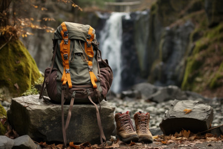 hiking boots and backpack on a rocky trail, created with generative aiの素材