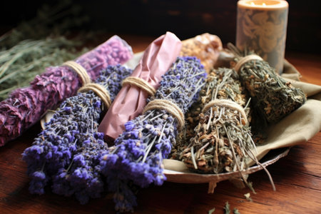 herbal bath sachets and dried lavender bunch, created with generative aiの素材