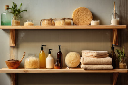 eco-friendly bath products and loofah on a shelf, created with generative aiの素材