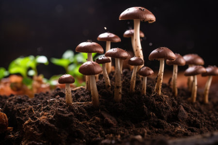 mushrooms sprouting from diy coffee ground substrate, created with generative aiの素材