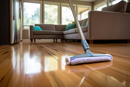 close-up of bamboo flooring with cleaning solution applied, created with generative aiの素材