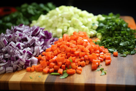 freshly chopped vegetables for a pasta sauce mix, created with generative aiの素材