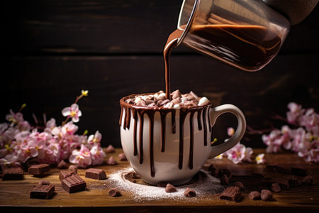 hot chocolate being poured into a cozy mug, created with generative aiの素材